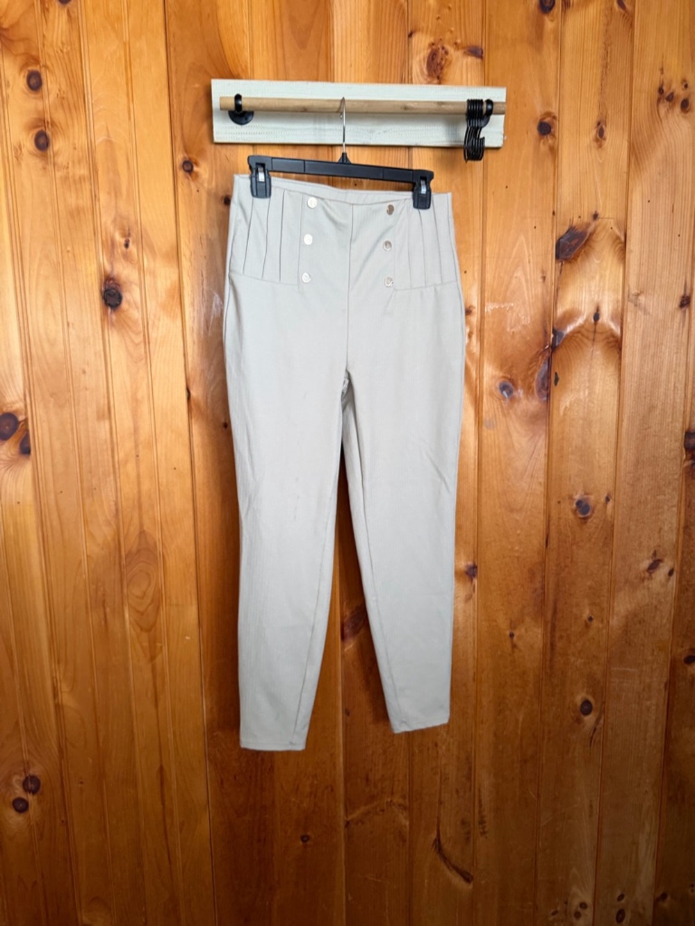 HALARA Button-Front High Waist Pants - Light Tan with Gold Accents